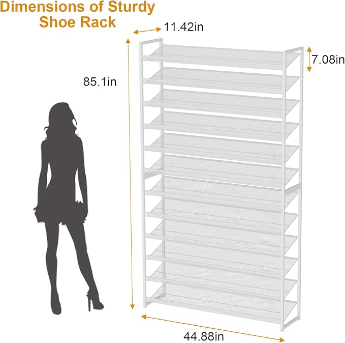 Large Shoe Rack 12 Tier Shoe Organizer, Heavy Duty Metal 6-Tier Stackable Shoe Storage Vertical Shoe Rack for Closet Front Door Entrance, Up to 75 Pairs, 44.8" W x 11.4" D x 85.1" H, White