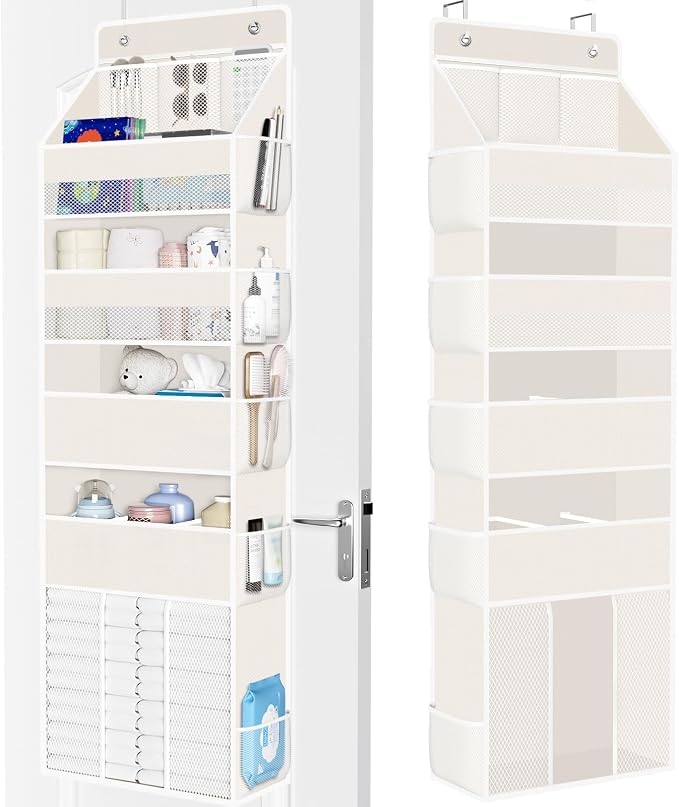 WISELIFE 5-Tier Over the Door Organizer for Hanging - 50LB Heavy-Duty Back of Door Organizer with 5 Spacious Pockets & 13 Mesh Pockets, Multipurpose Storage for Nursery, Bedroom, Closet(1 Pack, Beige)
