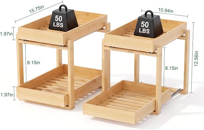 MHXW SXPN Bamboo Under Sink Organizer, 2 Pack Pull Out Cabinet Organizer | 2 Tier Vertical Smooth Slide Out Undersink Storage Shelf | Multi-Purpose Organizer Shelves for Kitchen Bathroom Medicine