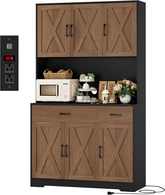 HOSTACK 71" Pantry Cabinet with Charging Station, Tall Kitchen Pantry Storage Cabinet with Microwave Stand, Farmhouse Kitchen Hutch with Storage Drawers for Living Room, Dining Room, Brown/Black