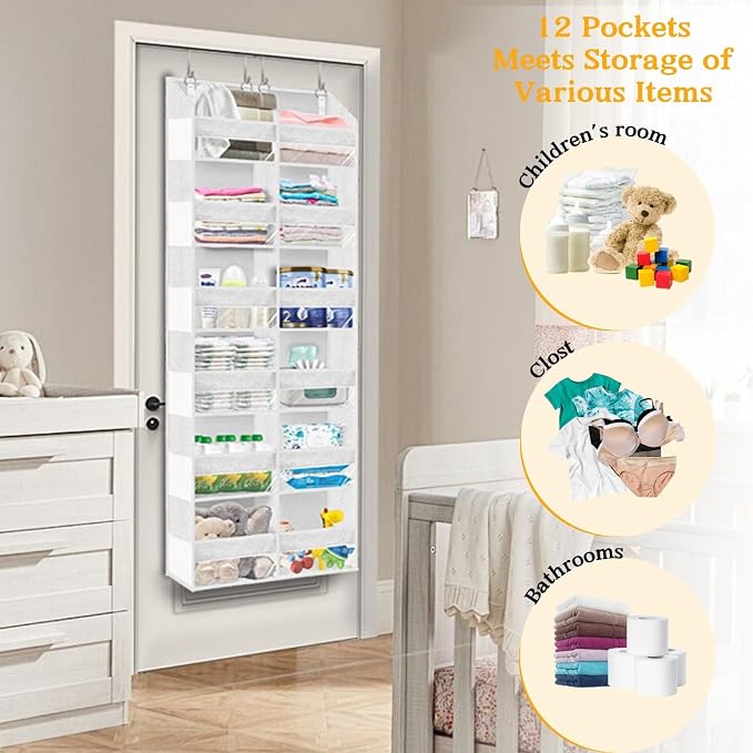 Over The Door Organizer 6 Tiers, Extra Large Behind Door Storage of 12 Compartments, 80 lbs Weight Capacity Hanging Storage Organizer with Clear Window Kids Toys, Shoes,Diapers, Room Storage, White