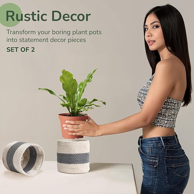 Jute Small Plant Pots Set of 2, 6.5 inches- Gray & White | Jute Planter Basket-Woven Rope Covers for Decorating Indoor/Outdoor Succulents Multi-Purpose Storage Bins Modern Style Decor