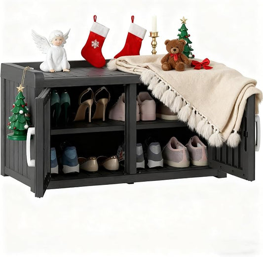 Outdoor Shoe Storage Cabinet, Waterproof UV-Resistant Entryway Storage Bench Indoor Outdoor with 2 Barn Doors, Adjustable Shelves for Entryway, Bedroom, Hallway,Living Room(Jet Black)