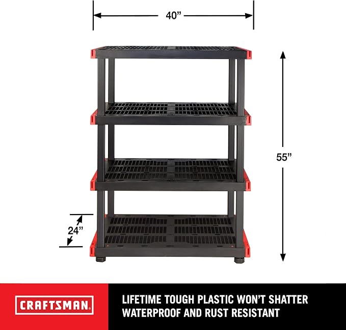 CX Craftsman 4-Tier Heavy Duty Plastic Storage Shelves, Garage Organization | 4-tier storage rack organizes garages, workshops & basements, 200 lb/shelf, 55H x 40W x 24D, easy assembly, black/red