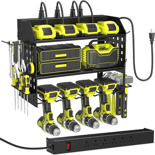 SUNALLY Power Tool Organizer Wall Mount with Charging Station,3 Layer,Black | Metal Tool Storage Rack with 4 Drill Holders, Heavy Duty Power Tool Shelf for Garage,Warehouse,Workshop, Gift for Men,Husband