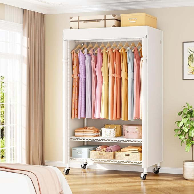 P6C Rolling Clothes Rack with Cover, 3-Tier Covered Clothing Rack | Portable Closets for Hanging Clothes, Heavy Duty Garment Rack on Wheels, White Closet Rack with White Cover, Max Load 365LBS
