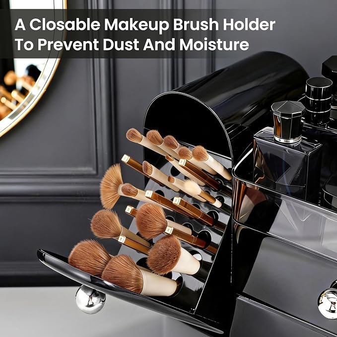 Makeup Organizer,Vanity Organizer with Makeup Brush Holder,Black | Waterproof,Dustproof,Clear Drawer,Large Capacity,Storage Lipstick,Perfumes,Skincare for Dresser,Bathroom Countertop,Desk,Gift