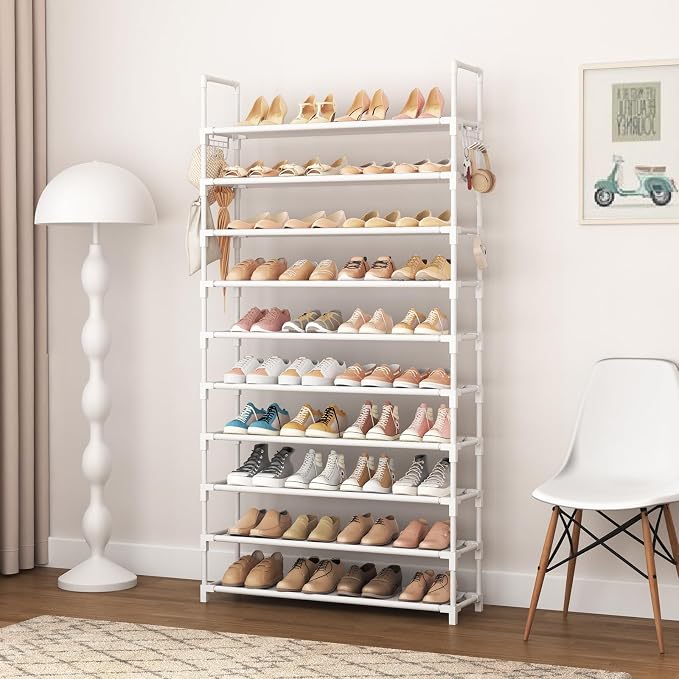 VTRIN 10 Tiers Shoe Rack Tall Large Capacity Wide Shoe Organizer Sturdy Shoe Shelf for Entryway with Two Hooks Metal Shoe Storage for Closet, Bedroom, White