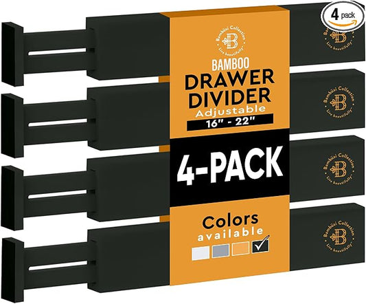 4-Pack Bamboo Drawer Dividers - 2.6 Inches High, Adjustable 16 to 22 Inches Expandable Drawer Organizers and Dresser Separators for Clothes, Utensils, Bedroom, Bathroom, Kitchen, Office, Black Wood