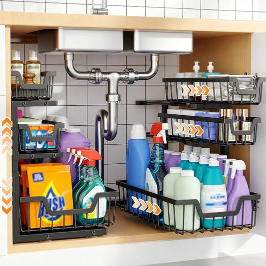 Under Sink Organizer, 2-Pack 3-Tier Height Adjustable Thickened Metal Pull out Cabinet Organizer Shelf, Slide out Storage Drawer Rack for Bathroom Kitchen Pantry Home Laundry Organization (Black)