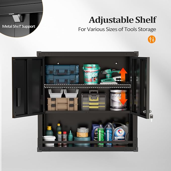 VINGLI Garage Wall Cabinet with Locking Doors and Adjustable Shelf, Metal Wall Cabinet, Floating Upper Storage Cabinet (Black, 30''W x 12''D x 30''H)