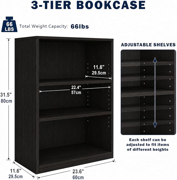 CTESNE【2026 Adjustable Shelves 3-Tier Bookcase, 71 inches, Wooden Open Display Floor Bookshelf (Chocolate Color)