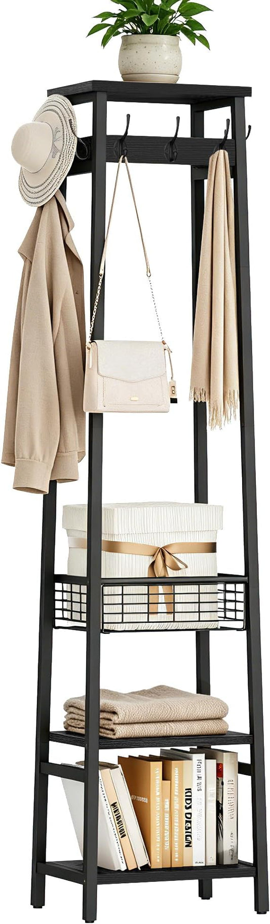 Coat Rack with Metal Basket and Storage Shelves | Coat Stand Freestanding, Hall Tree With and 7 Hooks, Clothes Rack Stand Organizer, Black