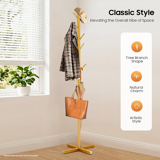 Metal Coat Rack Stand, Modern Coat Rack Freestanding with 7 Hooks, Coat Racks Easy to Assemble, Coat Tree Stand for Bags, Hats, Entryway, Office (Golden)