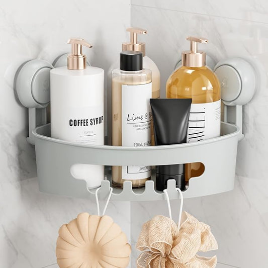 TAILI Corner Shower Caddy with Suction Cups, Wall Organizer Plastic Rack | Small Bathroom Caddy, Removable, Drill-Free, Heavy Duty Shower Shelf, Grey