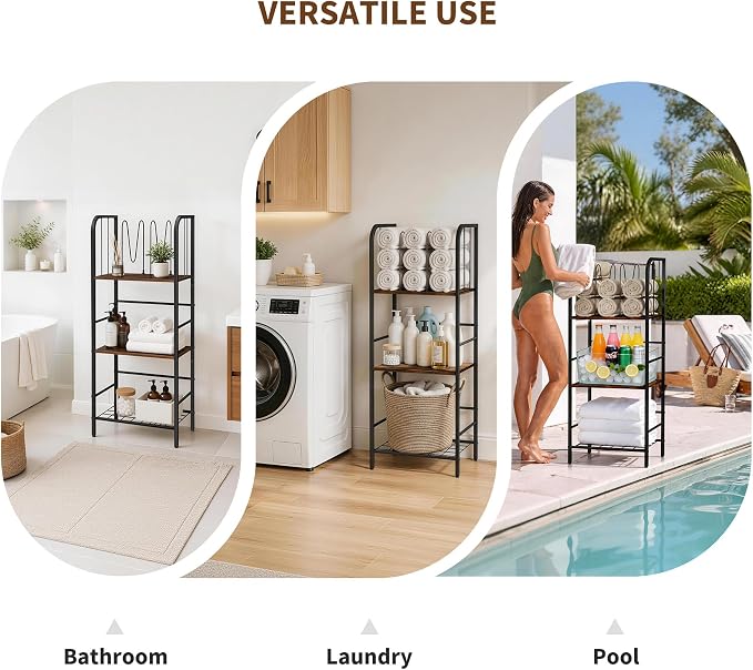 3-Tier Towel Rack, Freestanding Bathroom Storage | Sturdy Metal Frame, Wood Shelves, Wire Basket, Curved Towel Bar, Space-Saving Vertical Organizer for Bathroom, Laundry & Pool