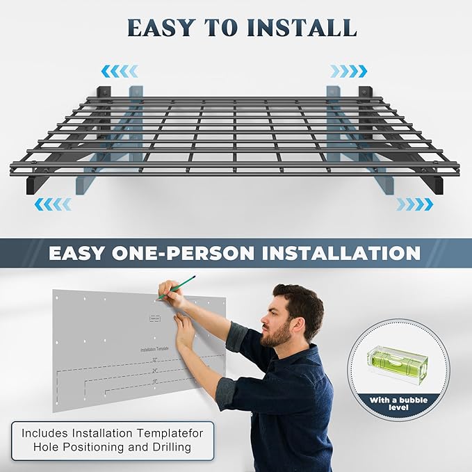 Jusgym 2 Pack Wall Mounted Garage Shelving, 2x3ft, 700lbs Integrated Grid | Wall Mounted Floating Design, 24"x72" Storage Rack, No Splice Seamless Structure, Rustproof Black Coating for Garage Workshop