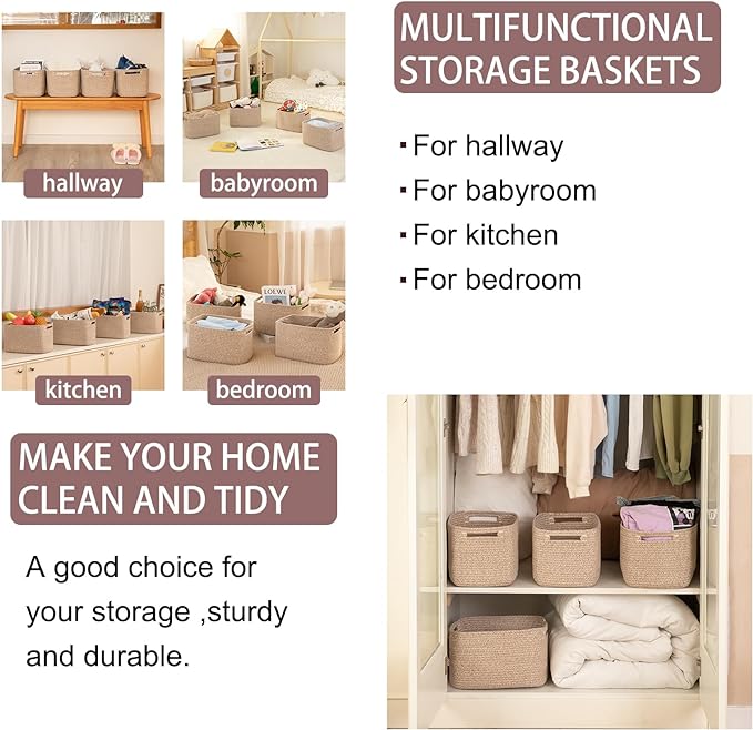 OIAHOMY 4 Pack Storage Baskets for Organizing, Cube Storage Bins for Shelves, Rectangle Storage Baskets With Handles, Woven Baskets for Storage, 12.7''Lx9''Wx7.8''H, Mixed Brown