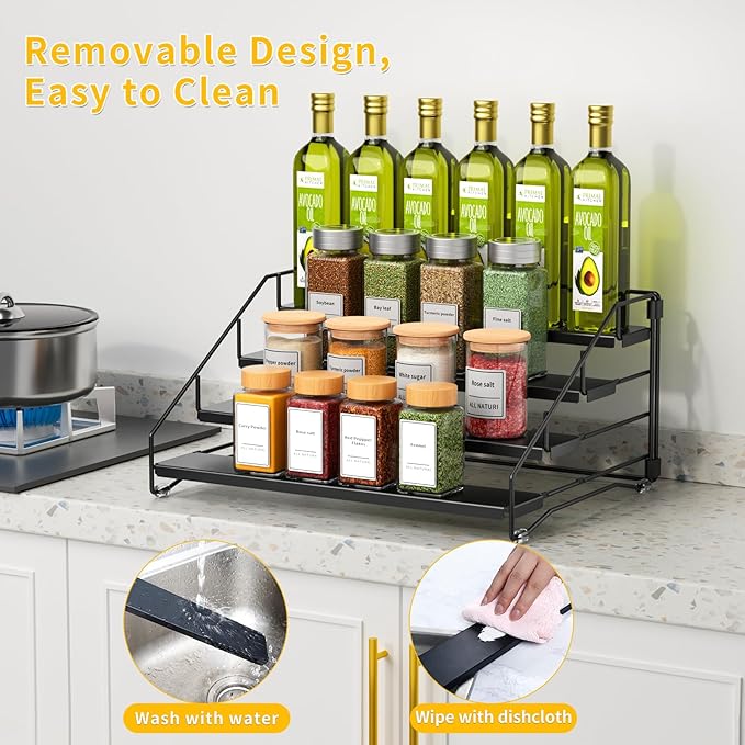 4 Tier Spice Rack Organizer for Cabinet, Depth Adjustable Spice Rack,1 Pack | Black, Metal Spice Organization for Cabinet, Easy Visibility, Tiered Spice Shelf Perfect for Cabinet, Pantry and Countertop