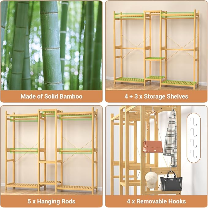 Bamboo Closet System Clothes Rack, Large Freestanding Garment Rack Clothing Rack for Hanging Clothes with 7 Storage Shelves and 5 Rods, Open Wardrobe Organizer with 4 Hooks, Natural