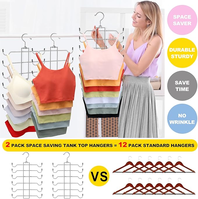 Metal Tank Top Hanger 2 Pack, Space Saving Bra Organizer with 24 Easy Access Hooks, 360° Swivel Closet Organizers and Storage, Apartment College Dorm Room Essentials, Small Space Organization Solution | Space Saving Bra Organizer with 24 Access Hooks, ...