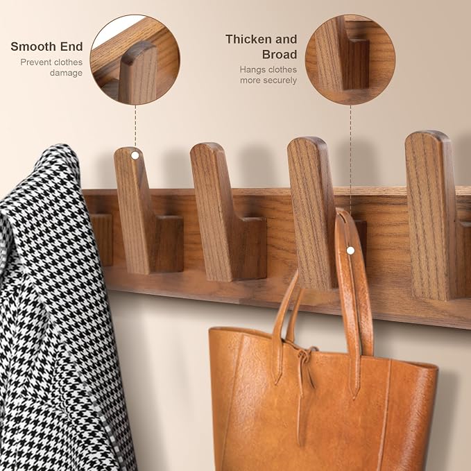 Wood Coat Rack Wall Mount with 5 Hooks, 17'' Hole to Hole Wall Coat Rack for Hanging Coat Jacket Backpack, Natural Wall Coat Hook