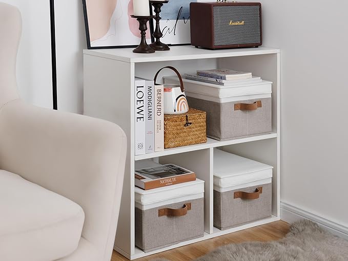 StorageWorks Fabric Storage Bins with Lids, Decorative Storage Bins with PU Handles, Foldable Storage Baskets for Closet, Shelves, Stackable and Sturdy Organization, Brown and White, Large, 3-Pack