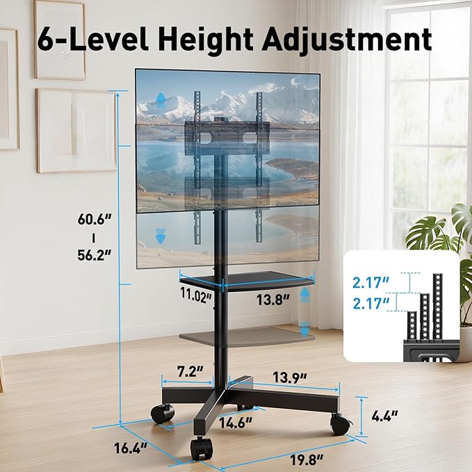 PERLESMITH Rolling TV Stand for 23-63 Inch Flat/Curved Screen TVs up to 88 lbs, Mobile TV Stand on Wheels, Portable TV Stand with Tilt & Height Adjustable,Outdoor TV Stand Max VESA 400x400mm