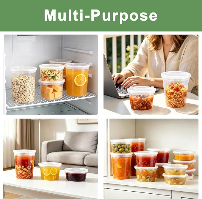 Deli Containers with Lids 48 Sets, 32/16/8 oz X 16 Set Each | BPA Free Plastic Food Containers with Lids for Soup and Takeout Meal Prep Storage, Freezer, Microwave and Dishwasher Safe