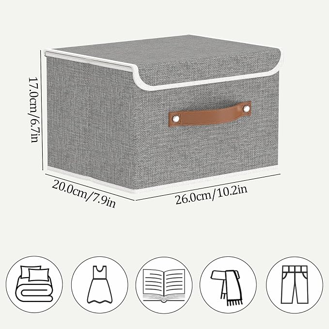 OUTBROS Storage Boxes, Bins with Lids, Grey, 3 Pack 10.2x7.9x6.7in | Cotton and linen cloth Storage Baskets with Handle, for Books, Closet, Bedroom, Home