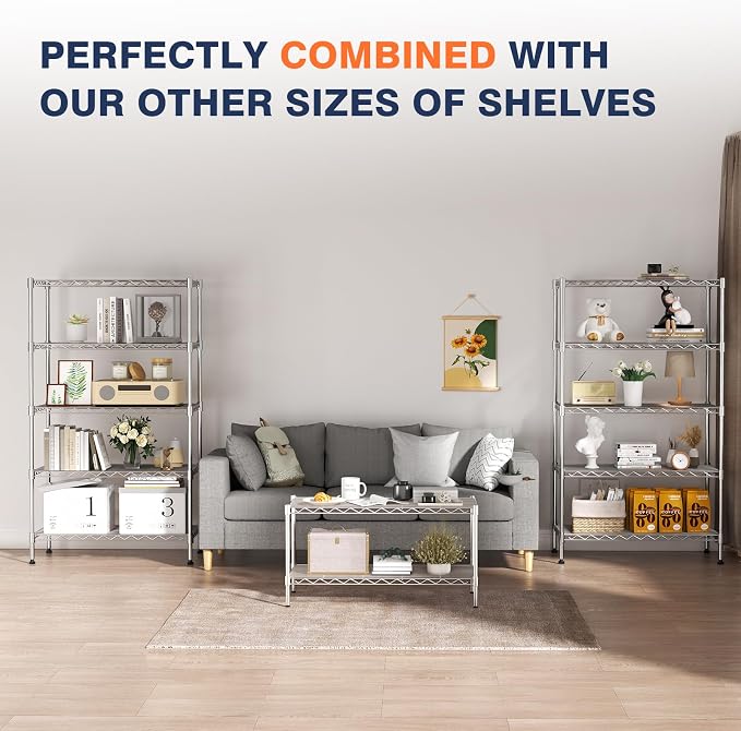 5-Tier Heavy Duty Metal Shelf,Chrome Wire Shelving Unit 35"Wx18Dx71H | Height Adjustable Storage Wire Shelves with Lockable Wheels for Garage,Kitchen,Office,Bathroom,Studio