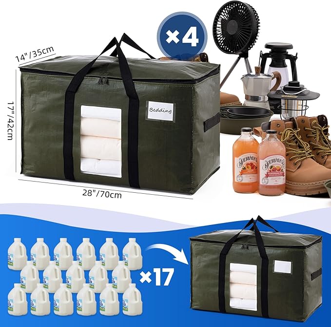 TAILI 4 Pack Green Extra Large Storage Bags, Heavy Duty Totes with Visible Window, Wrap Around Handles, Perfect for Moving