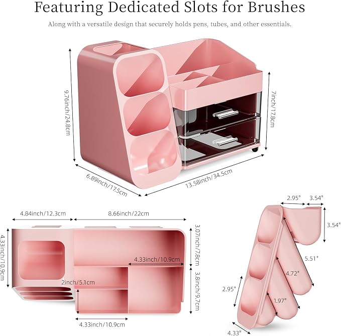 Makeup Organizer with Drawers for Vanity Bathroom Counter Organizers and Storage, Large Skincare Organizer with Brush Toothbrush Holder for Perfume, Nail Polish, Dresser, Office Supplies, Pink