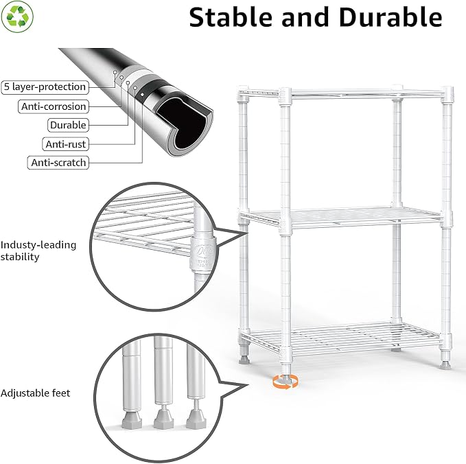 M MZG 450 lbs Wire Storage Shelving 3-Tier Utility Shelving Unit Steel Organizer Wire Rack for Home,Kitchen,Office,White (11.8" D x 17.7" W x 26.4" H)