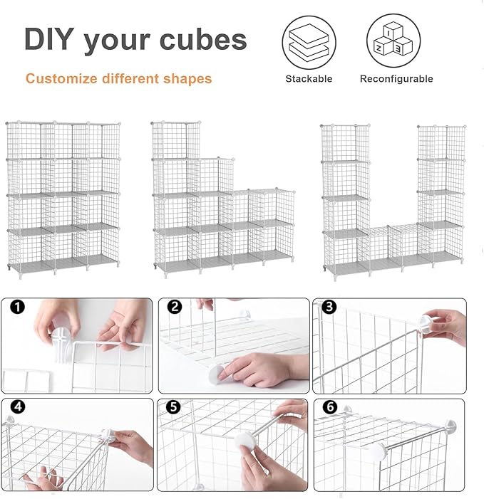 12-Cube Storage Organizer Metal Wire Shelf for Closet Office Black | Sturdy 11.8" metal wire grid, modular snap-together, tool-free. Versatile for bedroom, closet, office, craft, entryway
