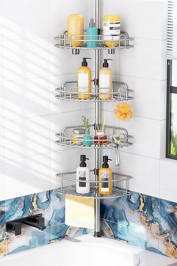 HAMITOR Shower Caddy Tension Pole: 4-Tier Rustproof Bathroom Corner Shelf Organizer for Renter - No Drill Large Shampoo Storage Rack - Adjustable 47-121" - Space Saving Bathtub Accessory - Silver Gray