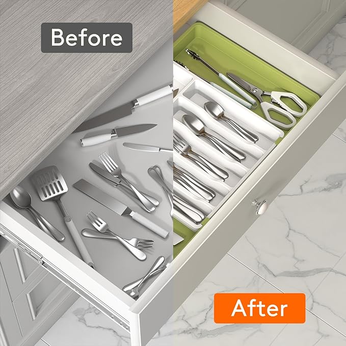 Lifewit Extra Large Silverware Drawer Organizer, Expandable Utensil Tray for Kitchen, BPA Free Flatware Cutlery Holder, Adjustable Plastic Storage for Spoons Forks Knives, 13-22 x 15, Green&White