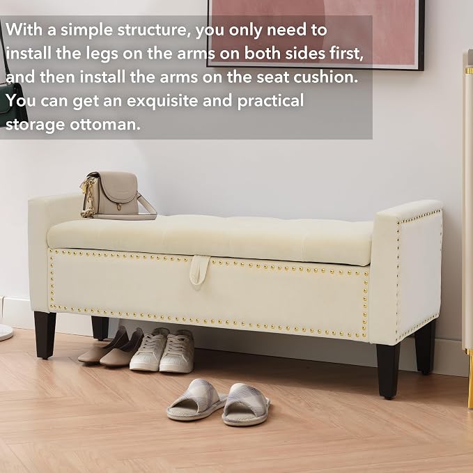 Velvet Ottoman with Storage, 46'' Upholstered Button Tufted End of Bed Bench with Arms, Modern Storage Bench for Living Room, Bedroom, Entryway, Beige