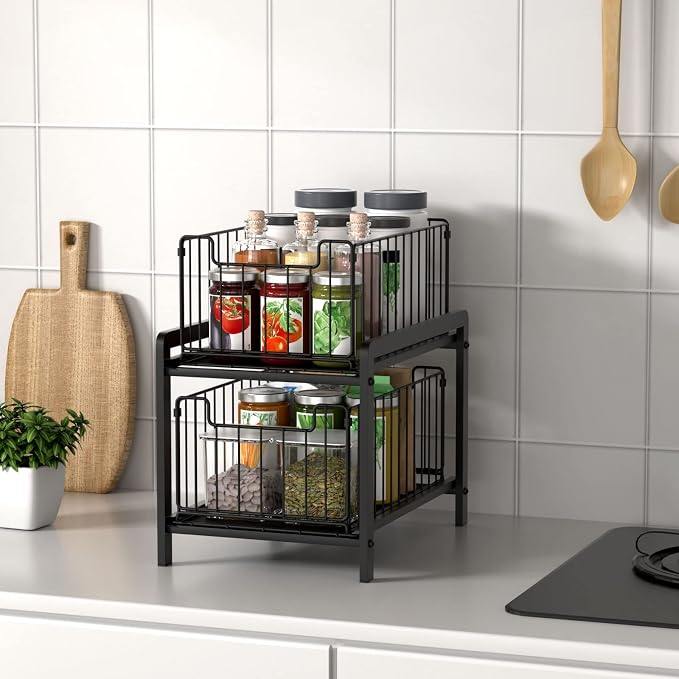 NPPLUS 2 Tier Black Under Sink Organzier With Sliding Drawer | Iron Under Sink Cabinet Organizers Pull Out Home Storage For Bathroom Kitchen Desktop