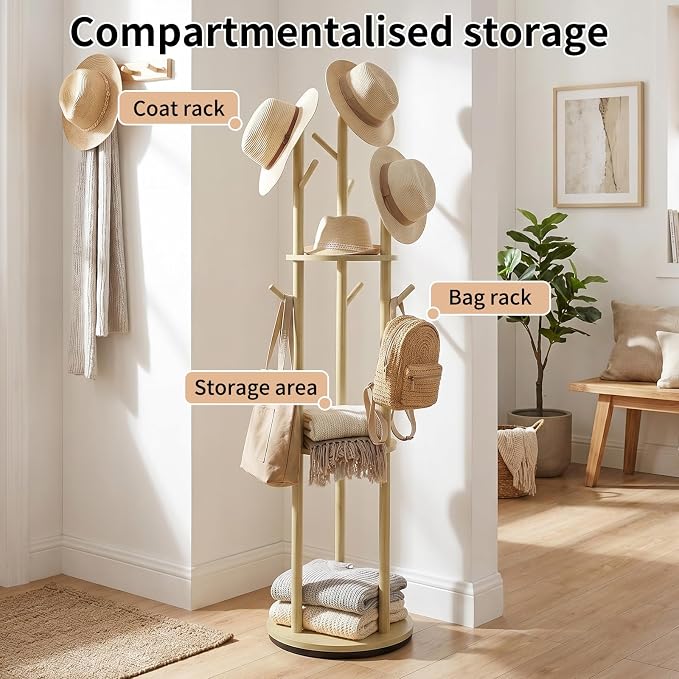 YYW 360° Wood Coat Rack Stand With Hooks And Shelves Standing Organizer | Free Standing Rotating Organizer, Includes 9 Hooks And 3 Shelves, Perfect For Bedroom, Hallway, Small Space