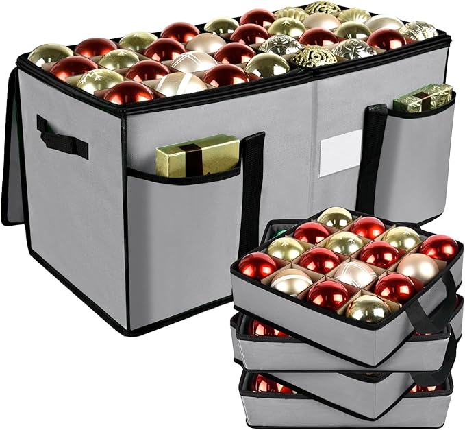 Christmas Ornament Storage Box with Dividers, Holds 128 Balls, Gray | 600D Oxford Fabric, Adjustable Dividers, Removable Trays, Dual Zippers, Reinforced Handles
