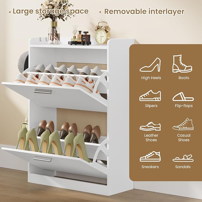 Shoe Storage Cabinet for Entryway with 2 Flip Drawers, 23.6" W White | Freestanding shoe storage cabinet for entryway,foyer and hallway,slim design and space-saving flip drawers