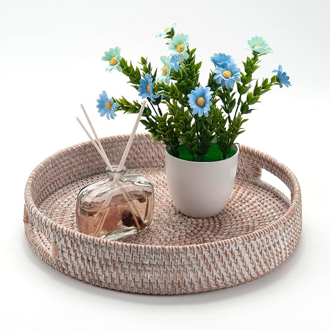 Coffee Table Tray Round Rattan Ottoman Tray Woven Serving Trays with Handles for Home and Kitchen Decorative White (Large 14 inch x 2.4 inch)
