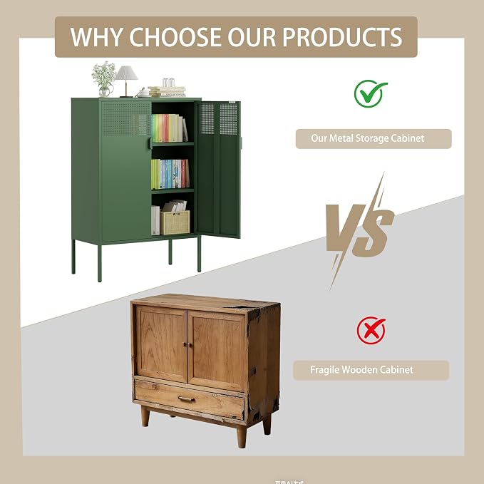 3-Tier Metal Storage Cabinet with 2 Adjustable Shelves & Mesh Doors | Metal Locker Accent Cabinet with Legs, Green Storage Cabinets, Metal TV Stand Cabinet for Home Office, Entryway & Hallway