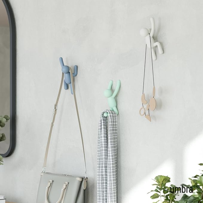 Umbra Buddy Wall Hooks, Wall Mount Coat Hooks, Set of 3, White/Mint/Blue | Easy install with hardware, holds 5lbs per hook, entryway bedroom bathroom dorm, playful hanging storage, recycled plastic
