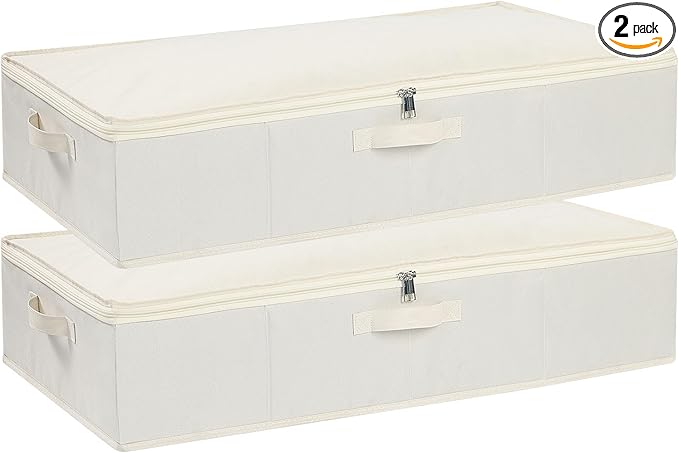 Underbed Storage Organizers,Beige,2 Pack,23.6x11.8x5.9 Inch | Under Bed Storage Container with Lids,Fabric Boxes,Drawer Organizer Bags,Foldable Baskets for Bedroom