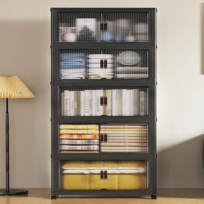 SAILUN 635Qt Extra Large Stackable Storage Bins Folding Collapsible Storage Bins with Lid, Closet Organizers and Storage Box with Door Black 28" W x 17" D x 75" H