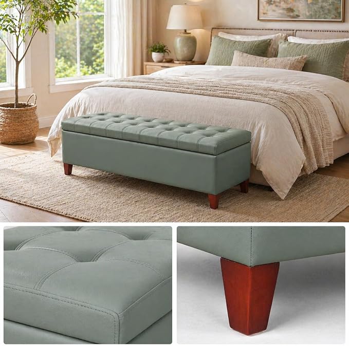 Ottoman with Storage, 51 Inch End of Bed Storage Bench, Faux Leather Upholstered Ottomans with Hinged Lid, Rectangle Long Foot Rest Bench for Entryway Living Room Bedroom Light Green