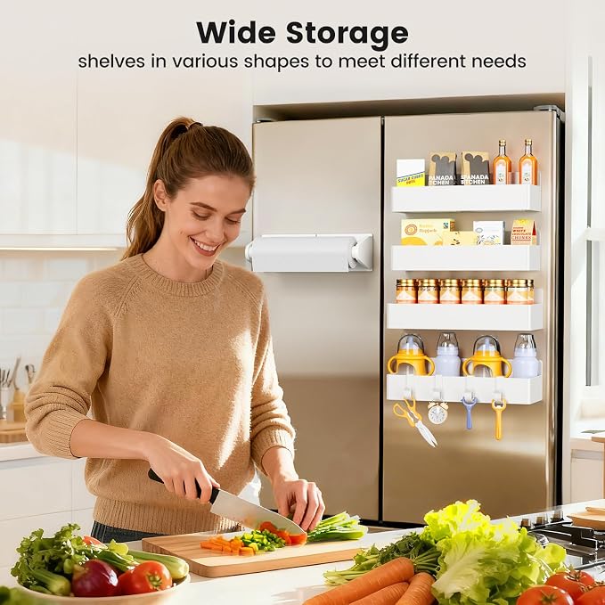 Mystozer Magnetic Spice Rack for Refrigerator, 4 Pack Magnetic Shelf and 1Pack Paper Towel Holder,Fridge Organizers and Storage White(5 Pack)
