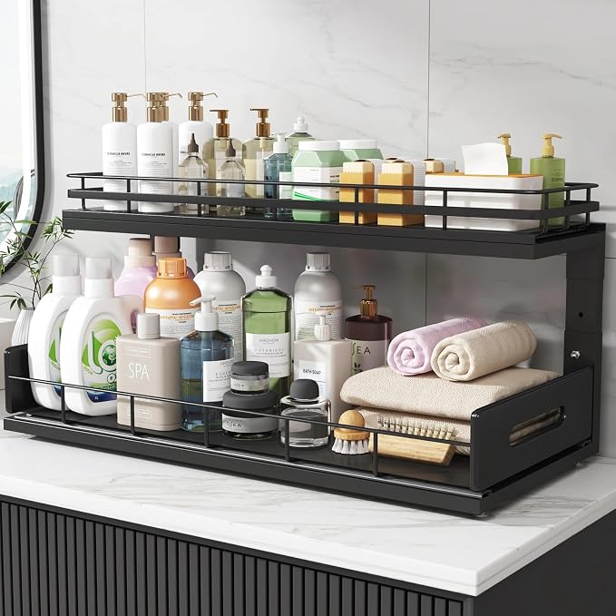 Under Sink Organizer Upgrade To Professional Rails,2-Tier Dual Pull Out Cabinet Storage,Height Adjustable Slide Out Drawers For Bathroom Kitchen,1 Pack-21"Dx12.8"-16.9"H,Black